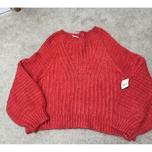 FREE PEOPLE Womens Chunky Knit Ribbed Trim Pullover Sweater Carter Neck Med